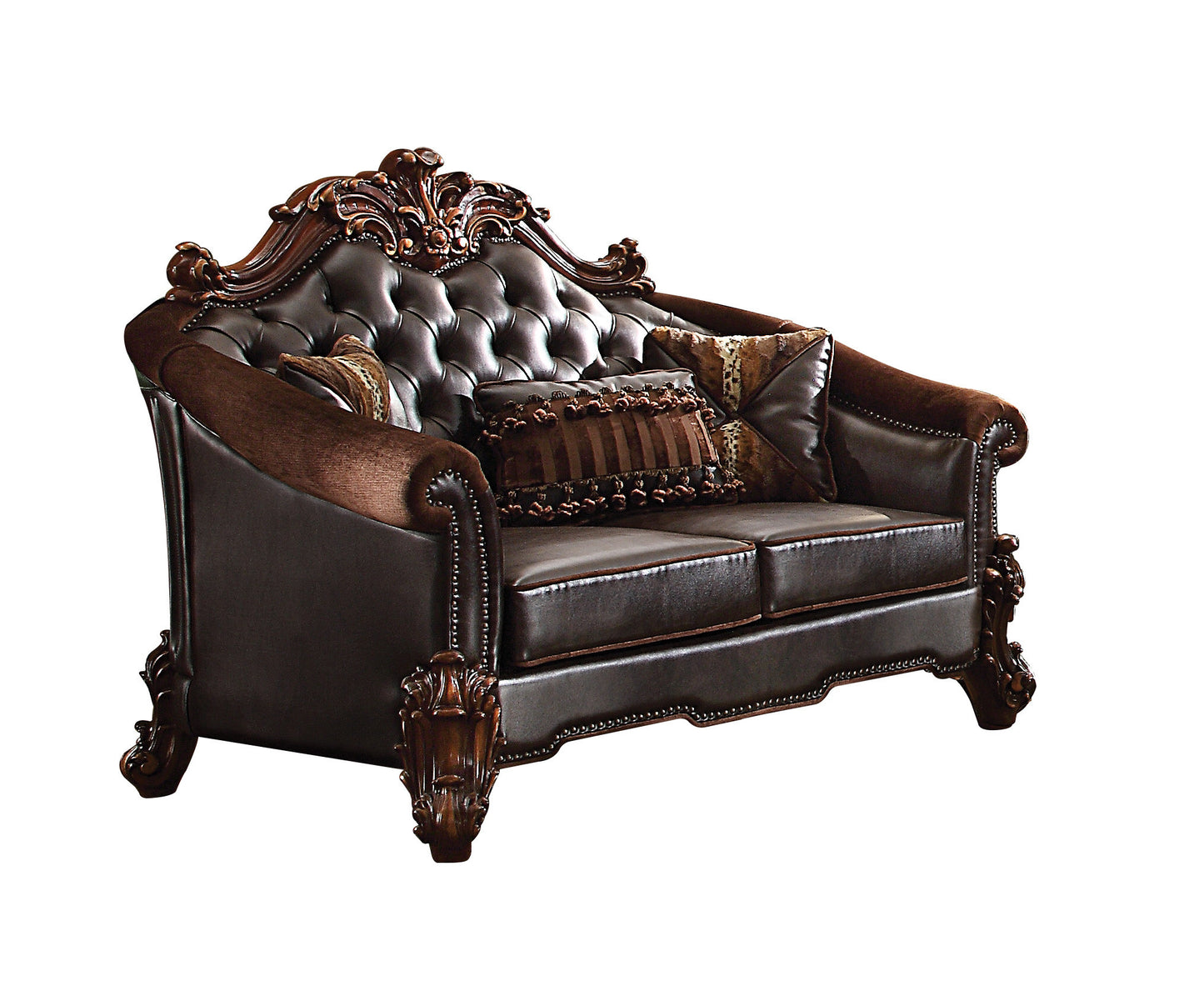 66" Brown And Dark Brown Chenille And Faux Leather Loveseat and Toss Pillows-2