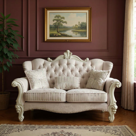 69" Ivory Chesterfield Loveseat and Toss Pillows-0